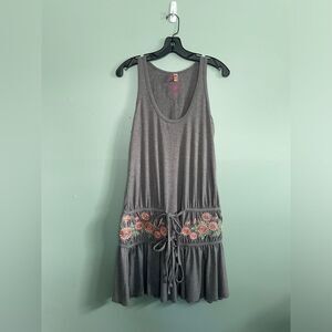 Buffalo David Bitton Drop Waist Grey Tunic Dress With Embroidered Flowers SZ S